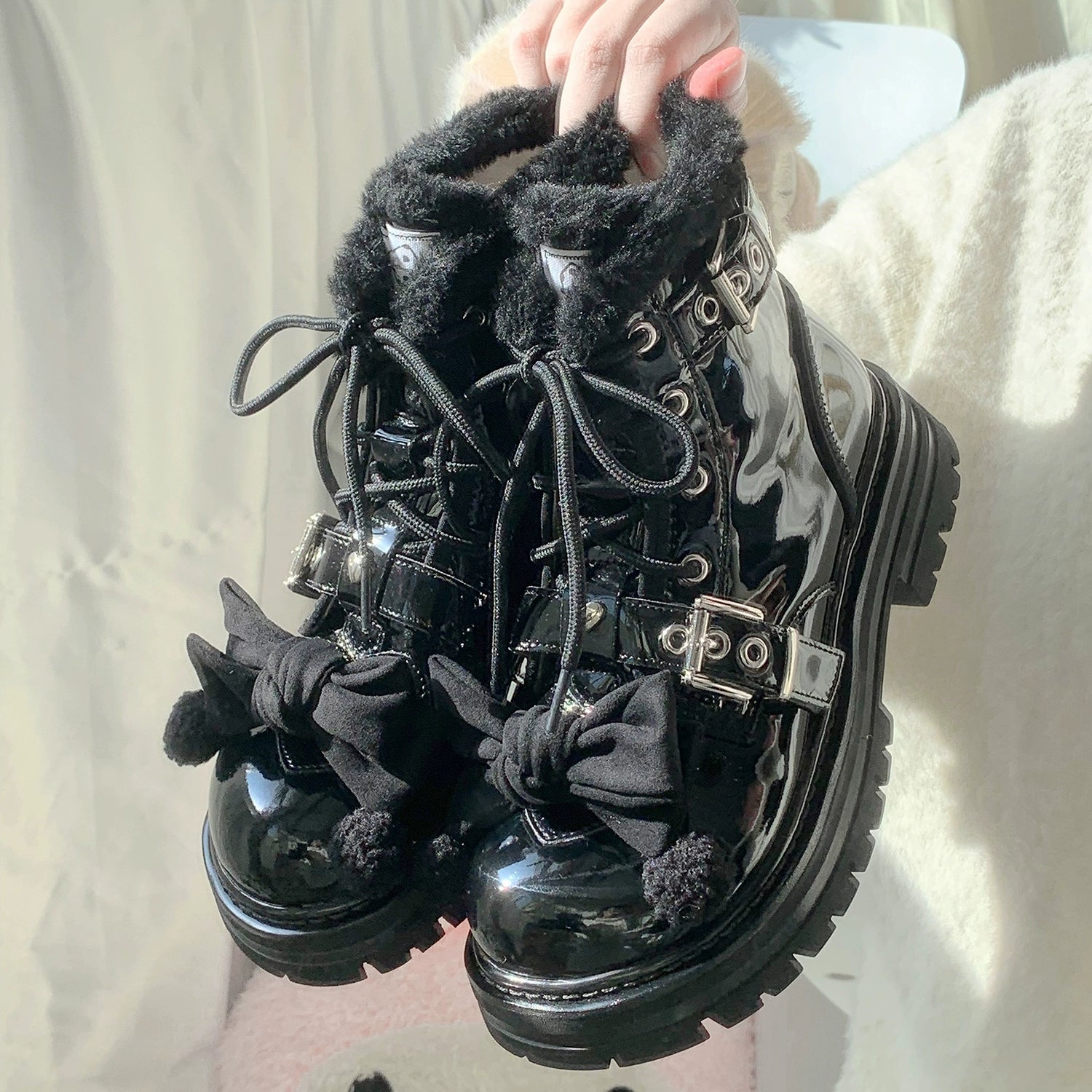 StarsCrwon - Sweet Lolita Shoes Winter Lolita Martin Boots Mirror black 34 Inner length 22 cm / 8.7 inches (sole size 35)