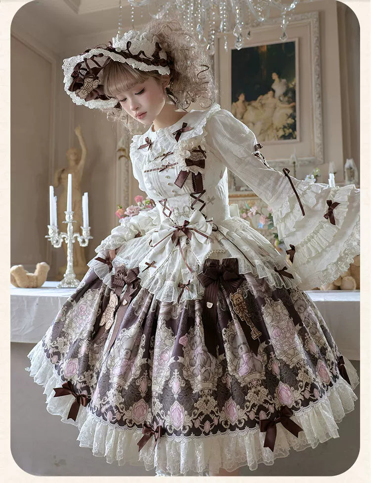 Antique Teddy Bear - Classic Lolita Printed JSK Dress with Ribbon Bows 45538:853237