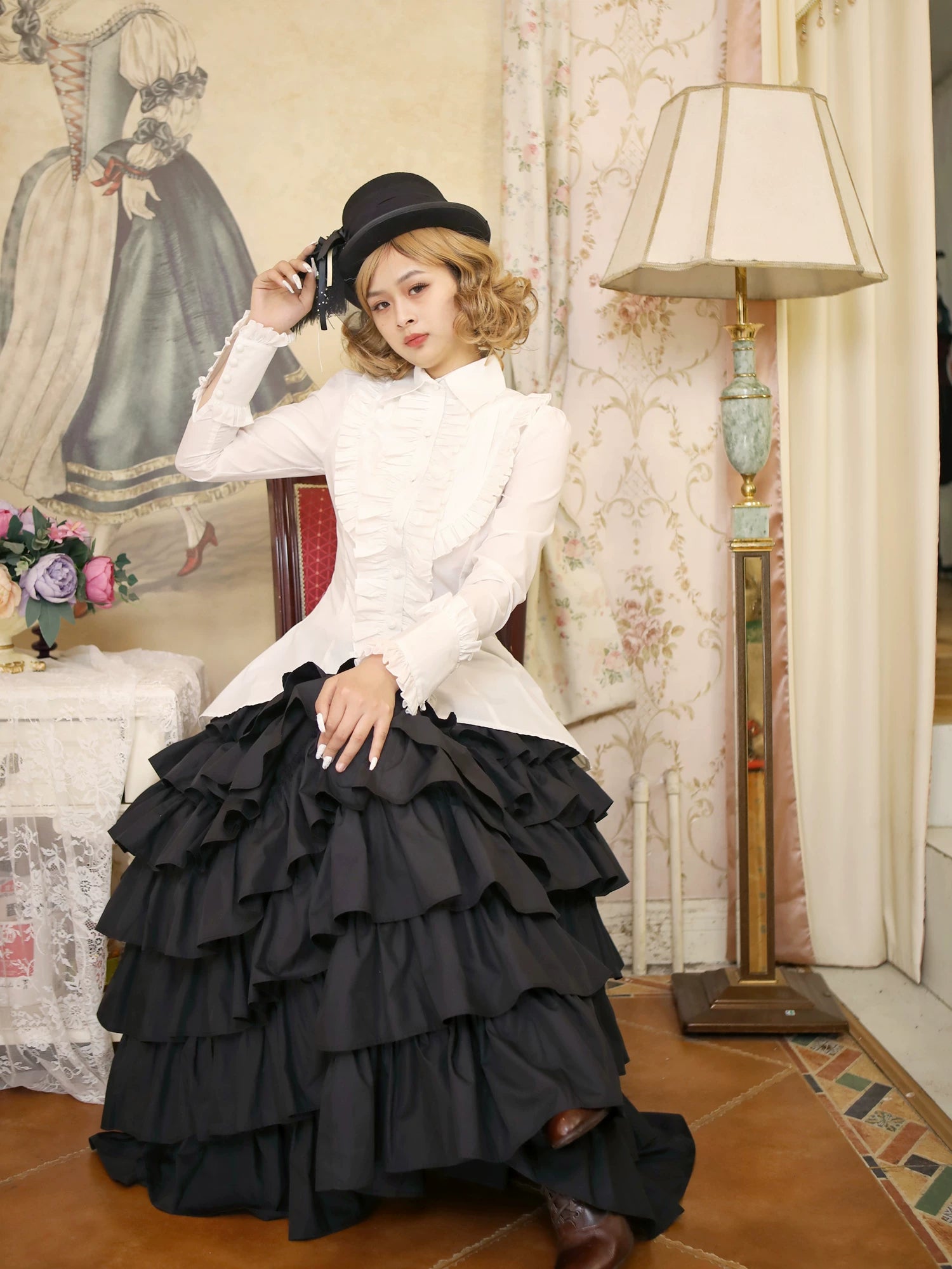 Gothic Lolita Tailed Hem Blouse and Multi-layer Skirt Set