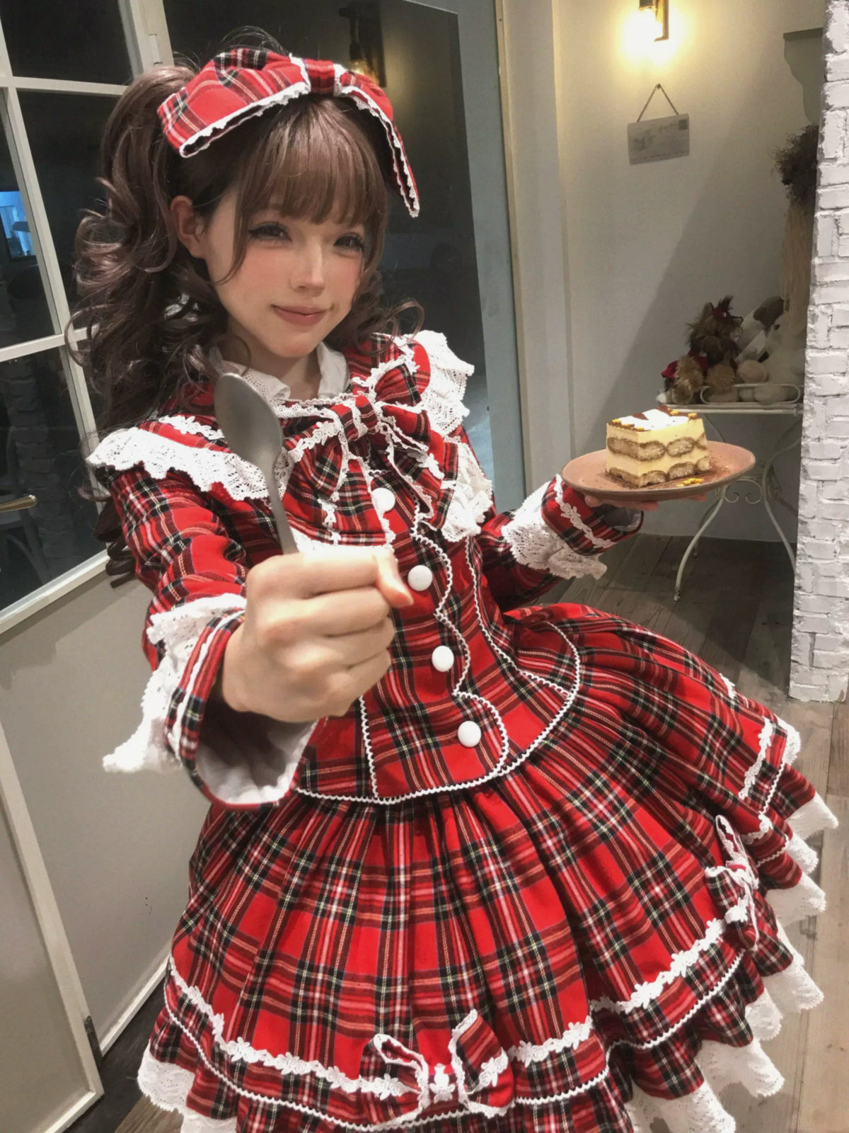 Christmas Knot - Christmas Old School Lolita Jacket & Skirt Set, Red Plaid 46051:873285