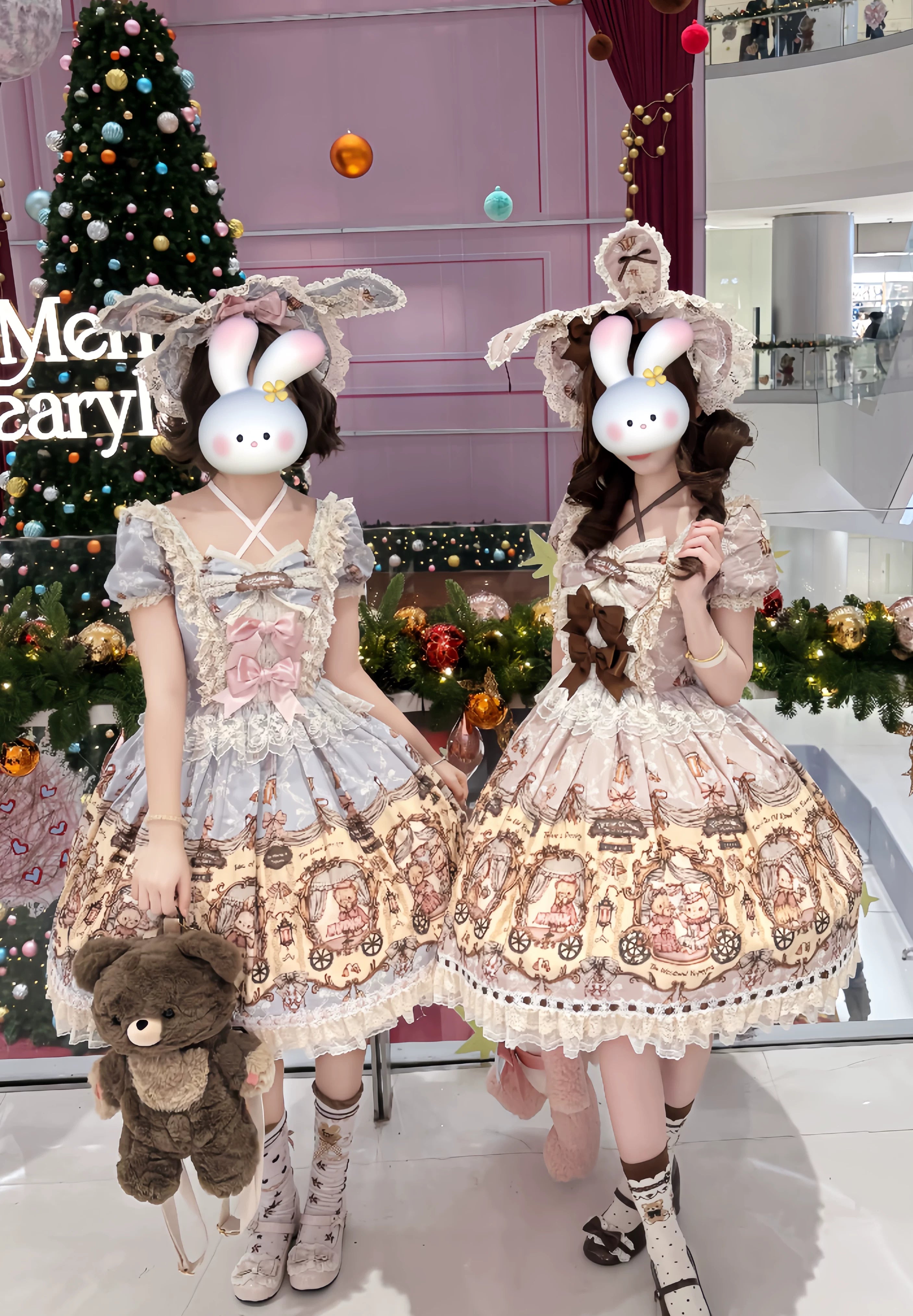 Bunny and Bear - Printed Sweet Lolita Dress, Lace and Bow Details