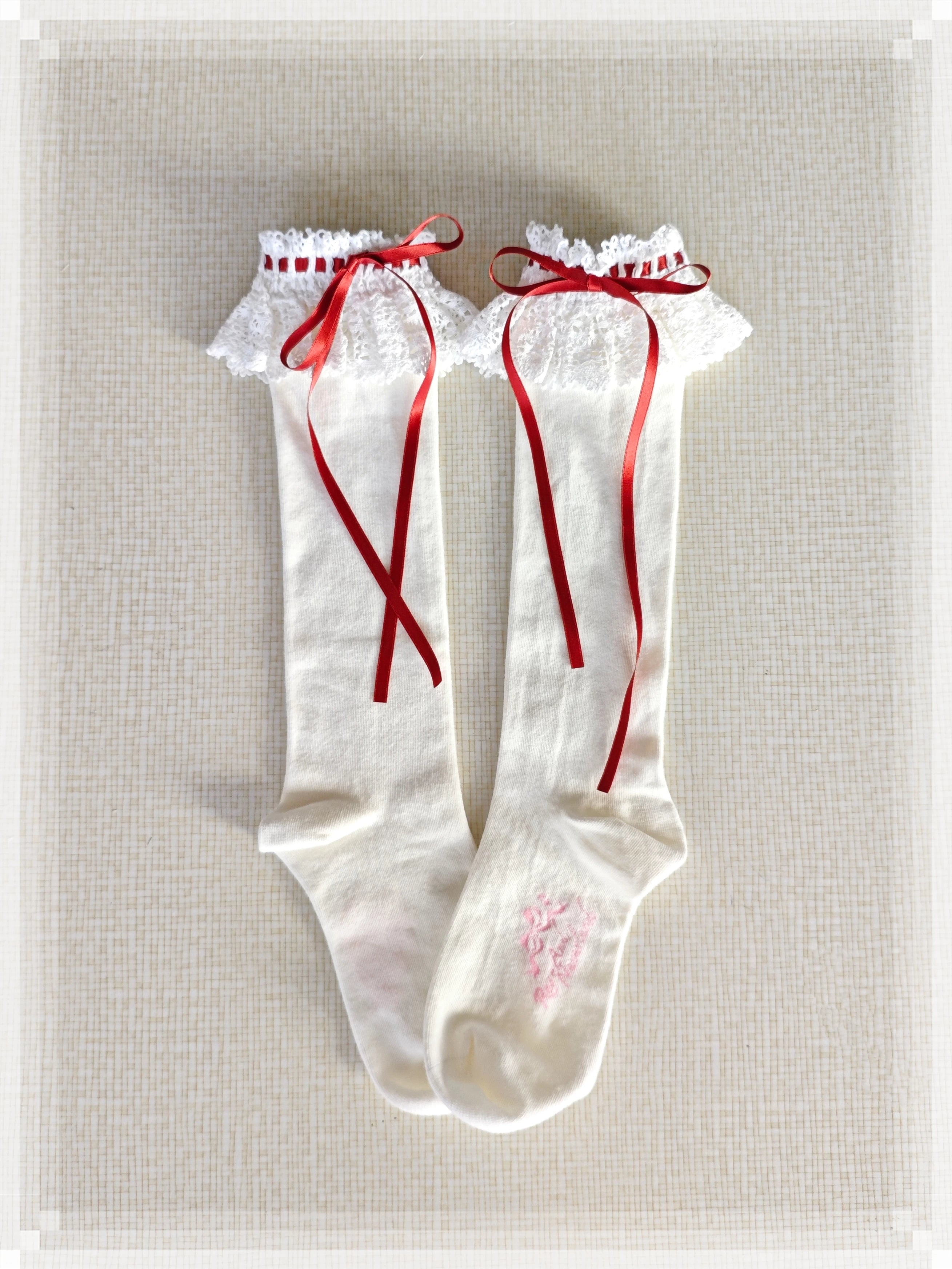 Cotton Old School Lolita White Socks with Colorful Ribbon Bows 45537:853890
