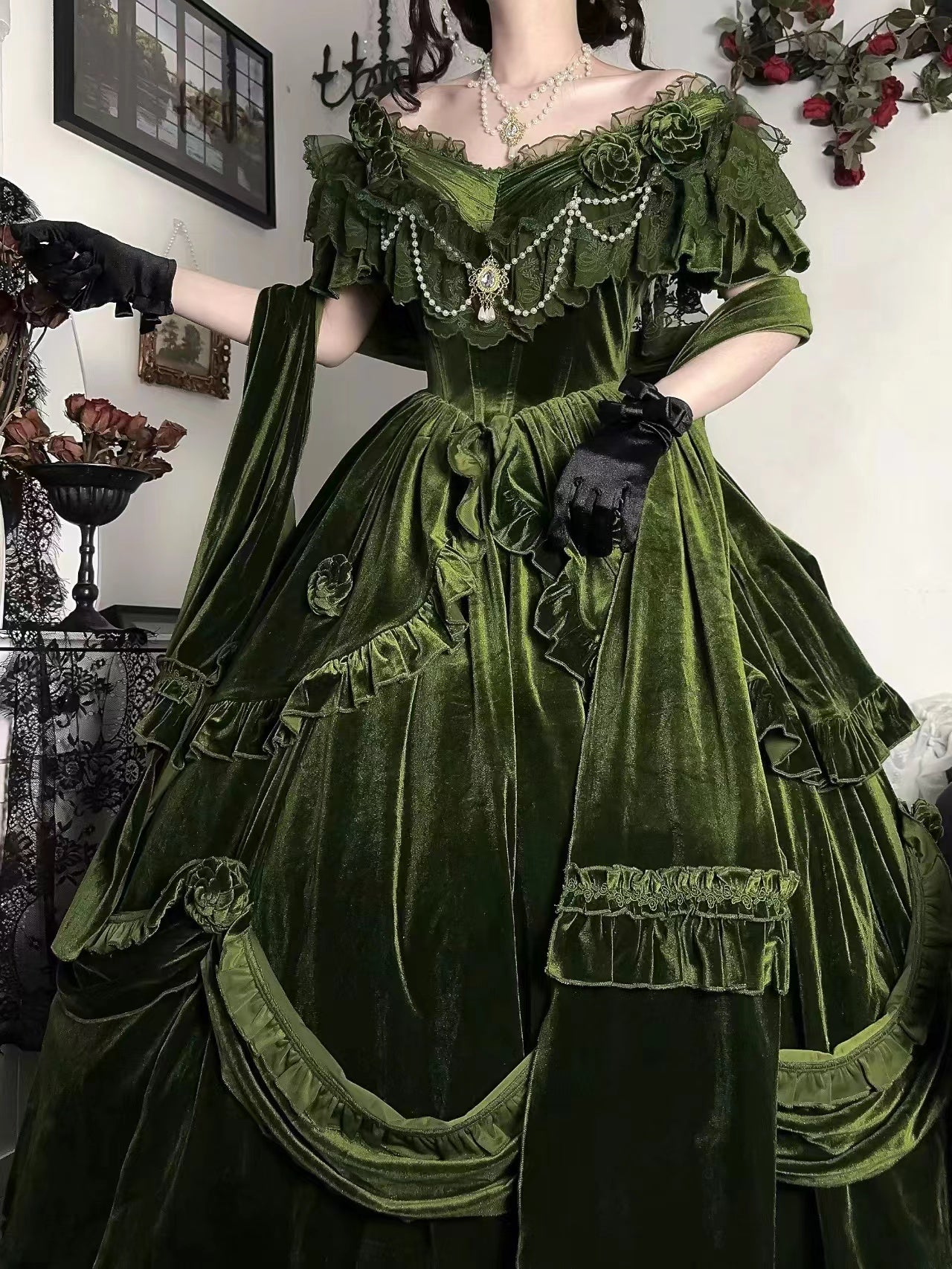 (BFM)Meowguo Sensen~Tana Manor~Elagant Lolita Dress and Accessories Multicolors velvet green satin shawl 