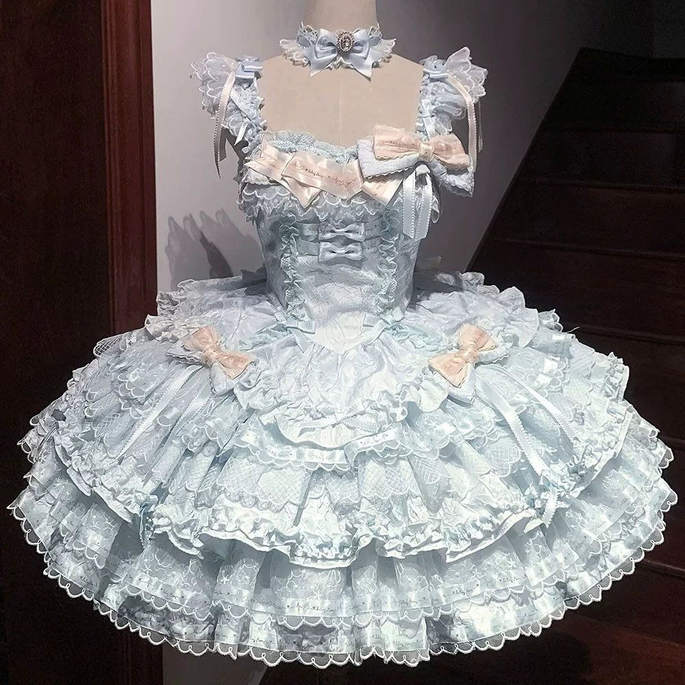 Luminous Whisper - Sweet Lolita Princess Jumper Dress, Layered Hem Blue - JSK Only (excl choker) S