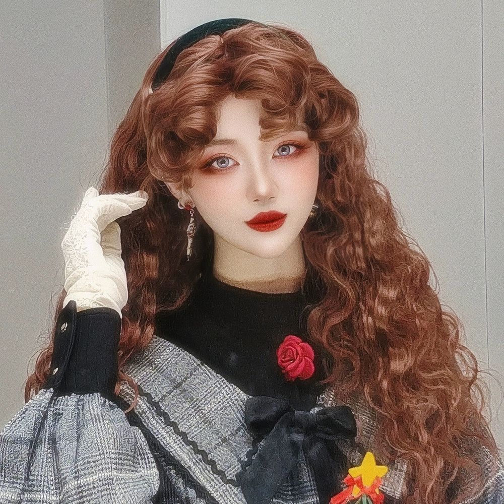 Mabuxi - Sweet Lolita Reddish Brown Wig Retro Fluffy Curly Hair Styling