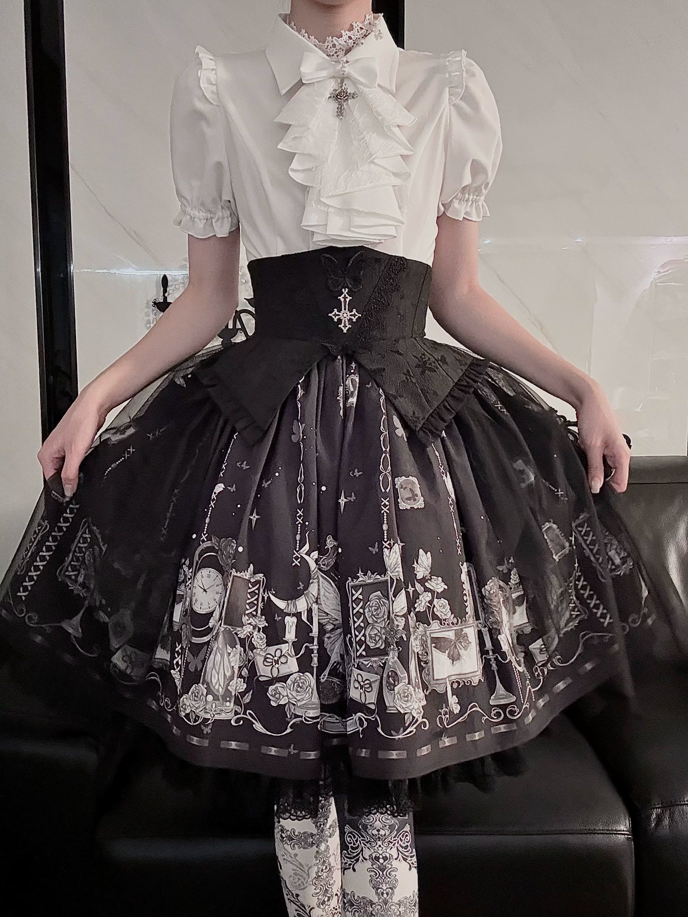 Butterfly Shadow - Halloween Gothic Lolita Fishbone Skirt & Shirt, Butterfly Print