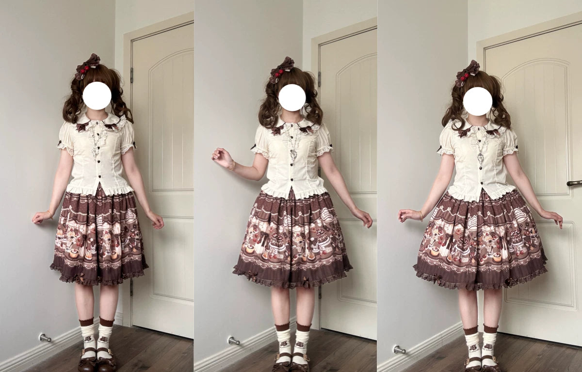 Cherry Choco Bear - Kawaii Lolita Elastic Skirt, Dessert and Cherry Print Brown - Short Skirt Only (with detachable waist bow) S