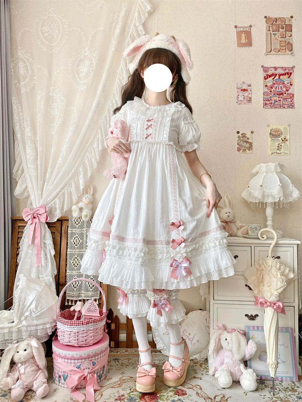 Ilovexiaolu - Meow Lullaby - Cotton Kawaii Lolita OP Dress with Removable Kitty Apron White - OP M Long Version