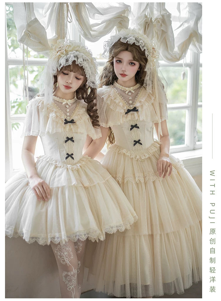 White Mist Promise - Classic Lolita Corset OP Set, Edwardian Collar & Tiered Hem 45173:838319