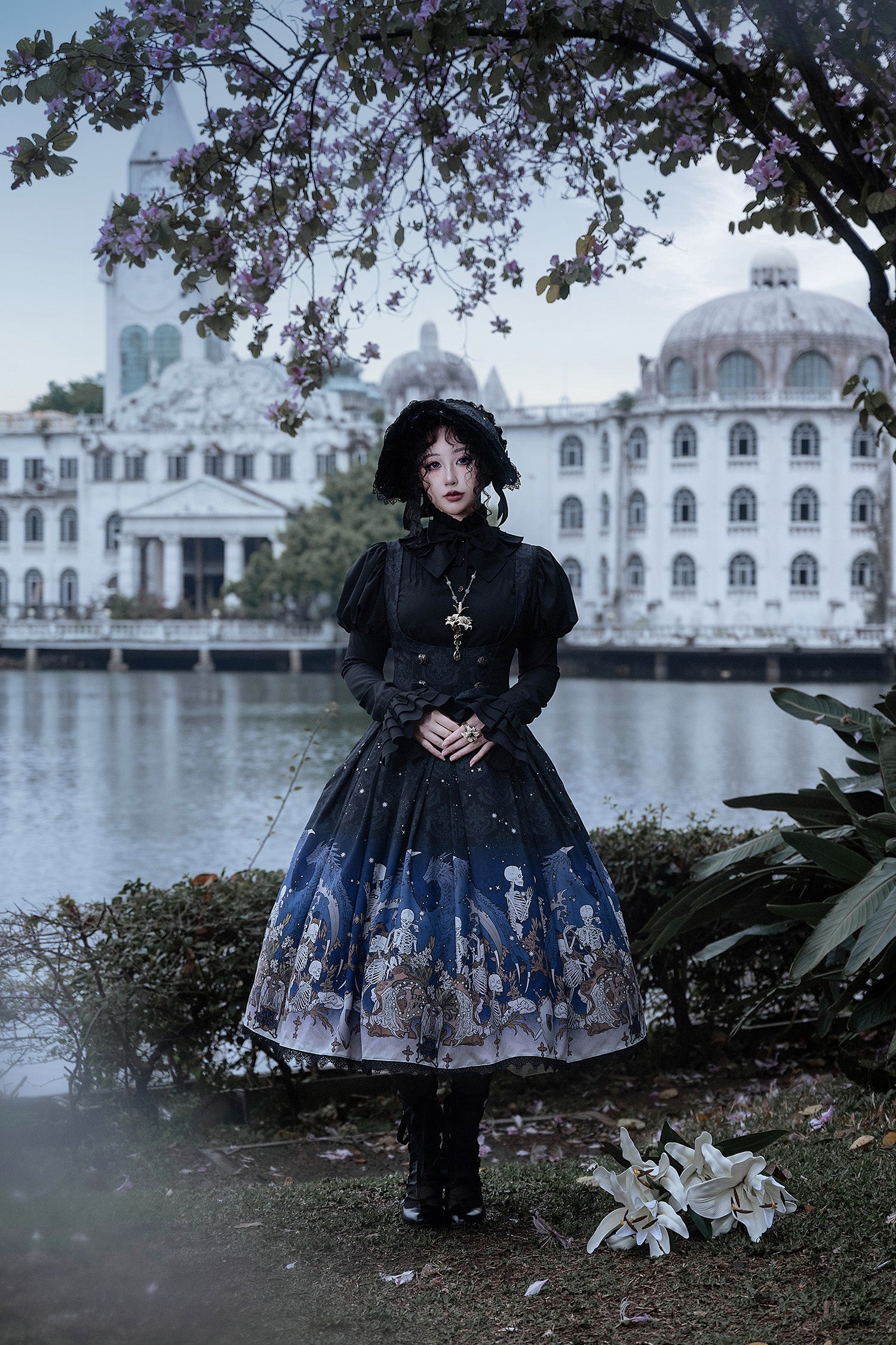 Nn Star - Dragonbone Lily - Dragon Skeleton Print Gothic Lolita Bust-supporting JSK and BNT 42664:748564