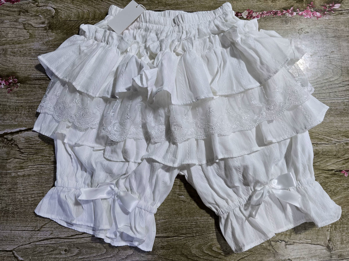 Lolita Jacquard Cotton Bloomers, Ruffle Lace Trim White Bloomers - 17.7" (45 cm)
