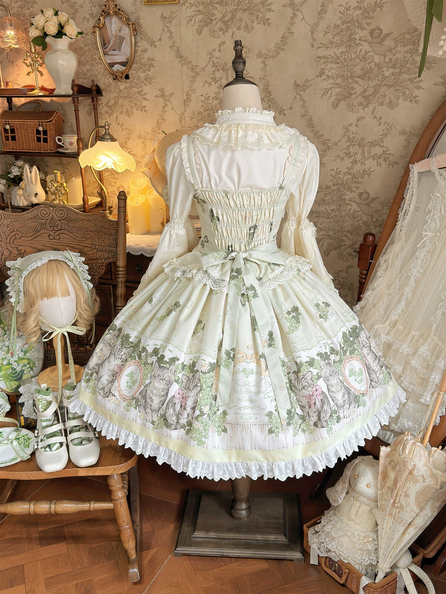 Grape Garden Cat - Classic Lolita Printed JSK Dress, Short Sleeve OP