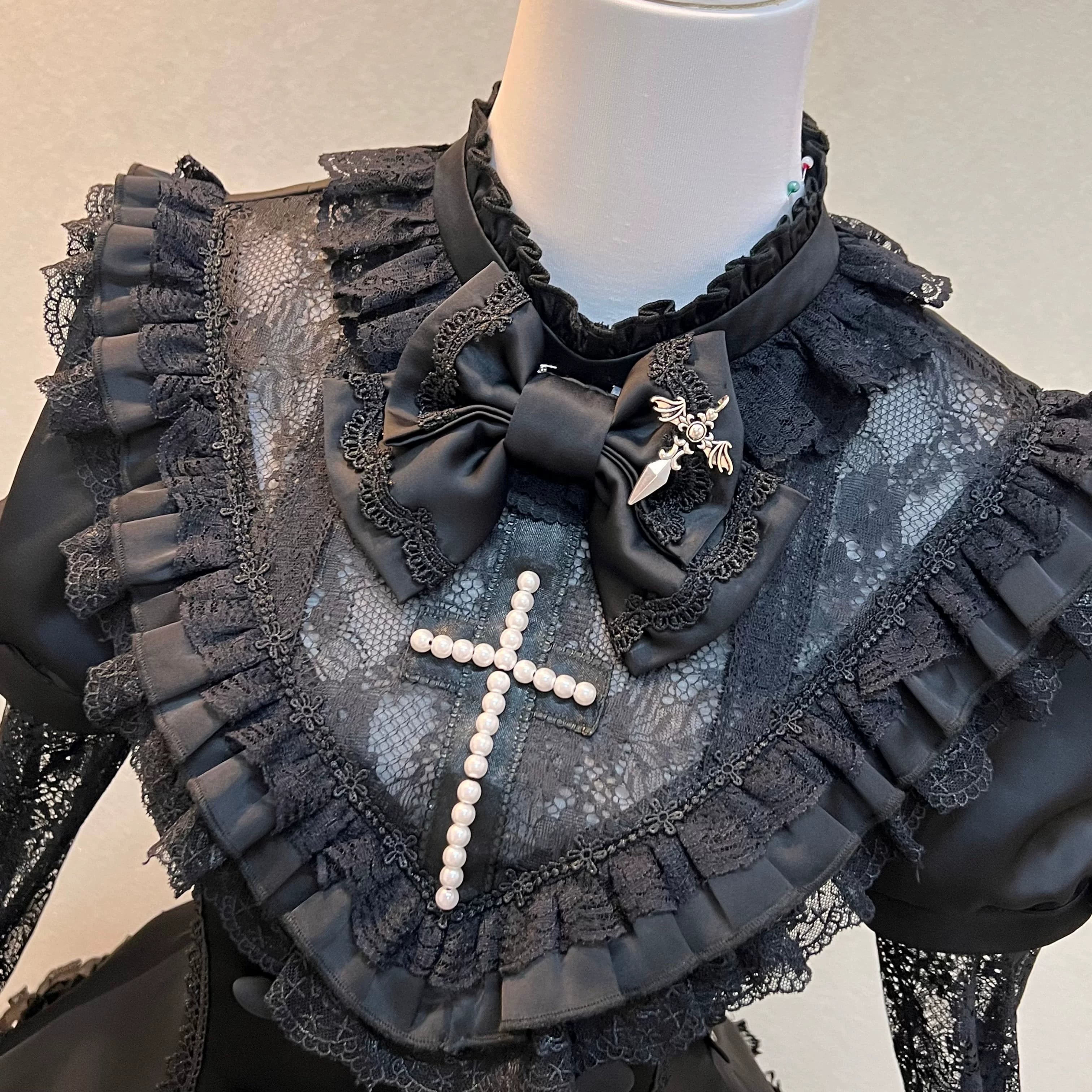 Nocthymn Cross - Gothic Lolita OP Dress with Pearled Cross, Detachable Sleeves 45813:863285