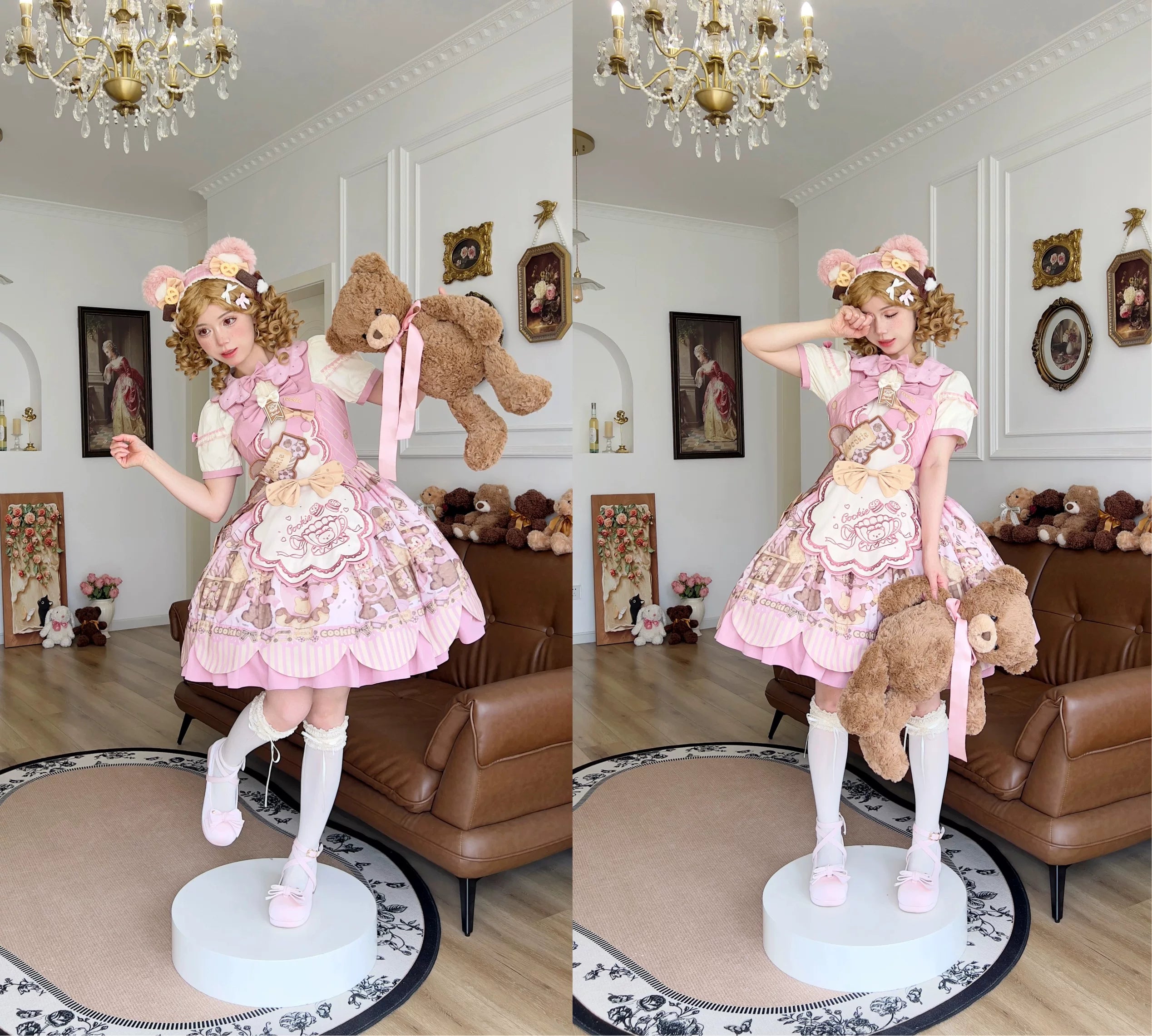 Bear Biscuit SP - Kawaii Lolita Bear Printed Dress Set with Bows 45375:846418