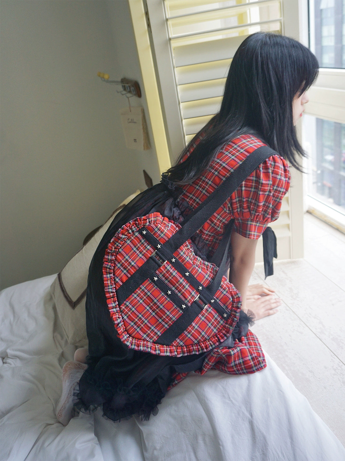 (BFM)Soso Meme Club~Vintage Lolita Heart Shaped Plaid Dot Print JK Uniform Bag 34908:471020