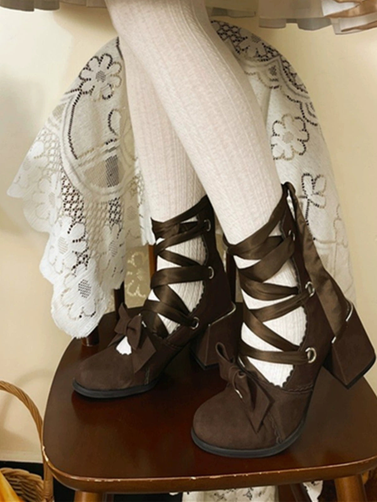 MR.Qiutian - Muse Kiss - Elegant Lolita Shoes Lace-up Bow Heels Round Toe 35 Cocoa Brown-6cm Heel Height