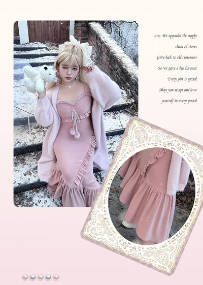 Yingtang~Plus Size Lolita Suit Knitted Fishtail Lolita Dress XL Pink fishtail elastic dress 