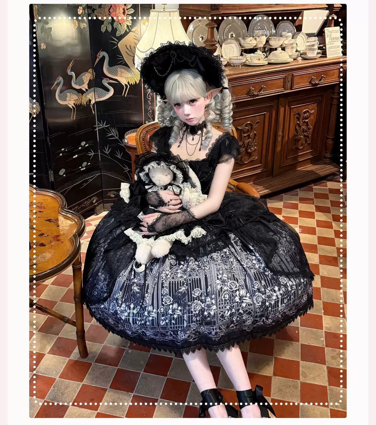Thorn Feather Relic - Gothic Lolita JSK Dress, Crow and Rose Print 45863:866244
