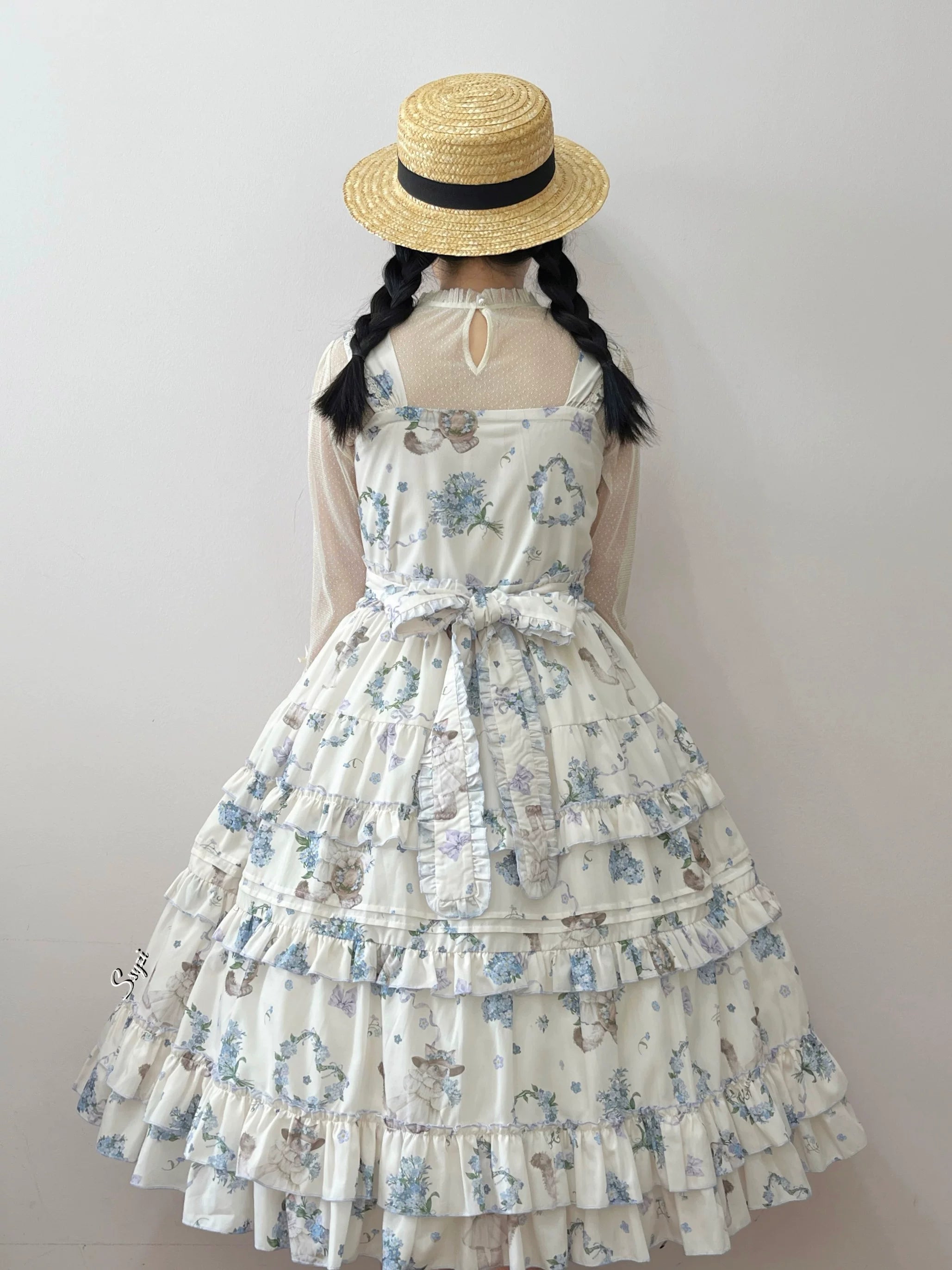 Meow Wreath - Classic Lolita Button Closure JSK Dress, Cat and Wreath Print