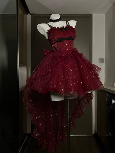 (BFM)Platycodon House~Polaris~Luxury Lolita Dress Star Tulle Princess Lolita Gown No-intention XS red full set (dress + trailing + chocker)
