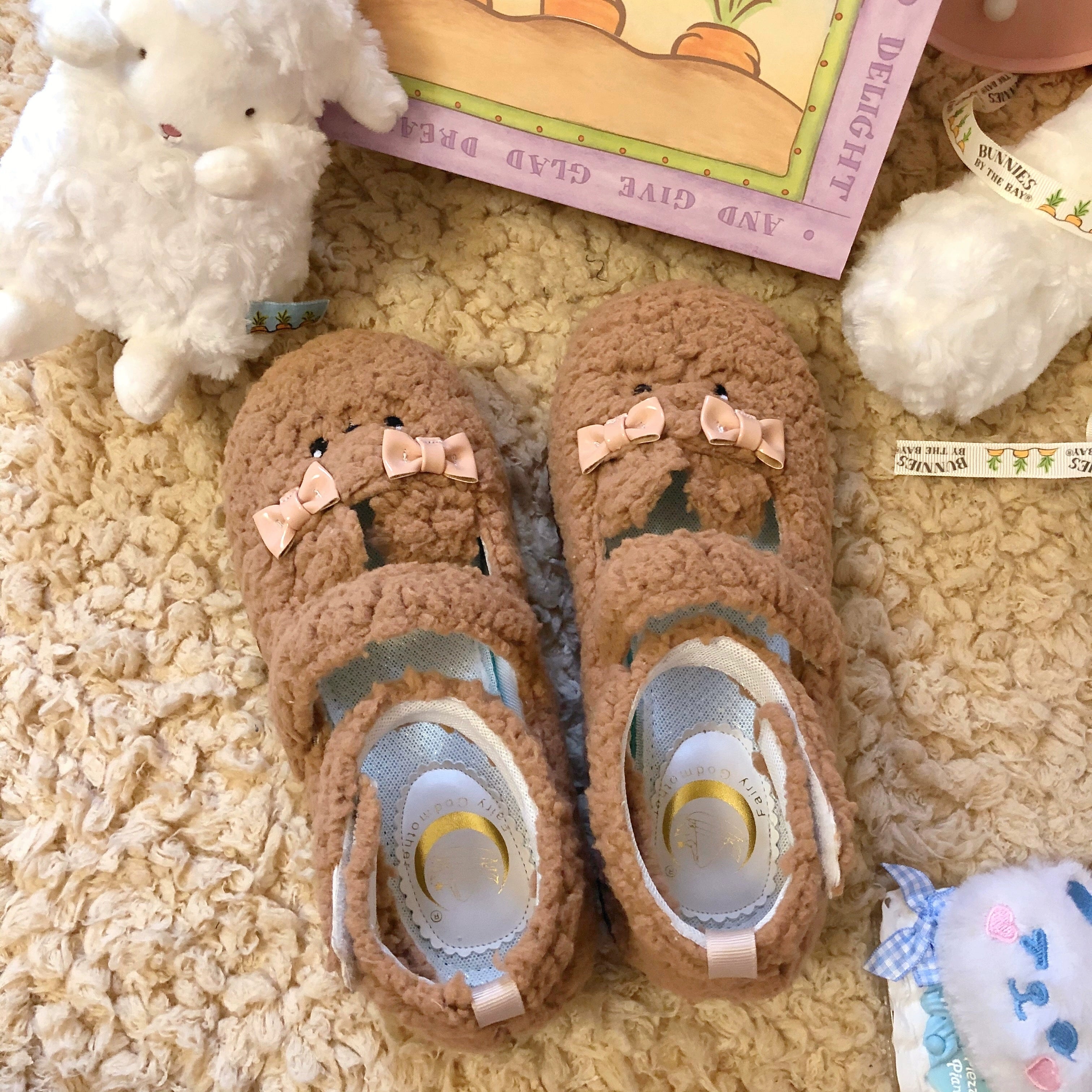 Fairy Godmother~Cute Plush Warm Round Toe Lolita Soft Sole Shoes 34 Lamb wool in brown with fur lining 32690:404102