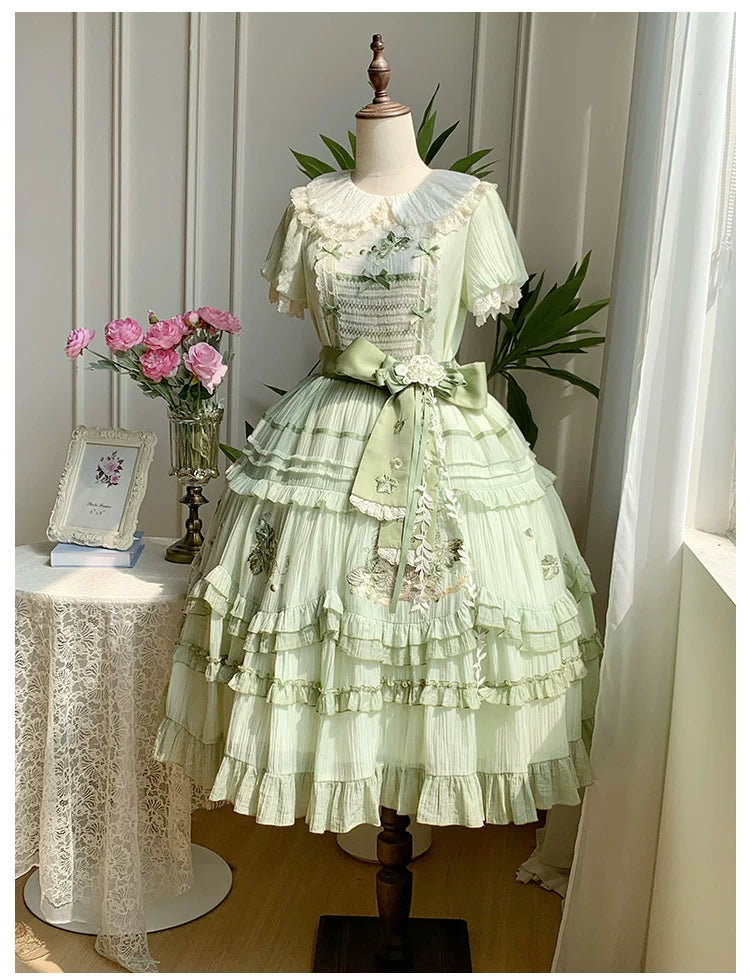 Green Grape - Embroidered Country Lolita OP Dress, Tiered JSK