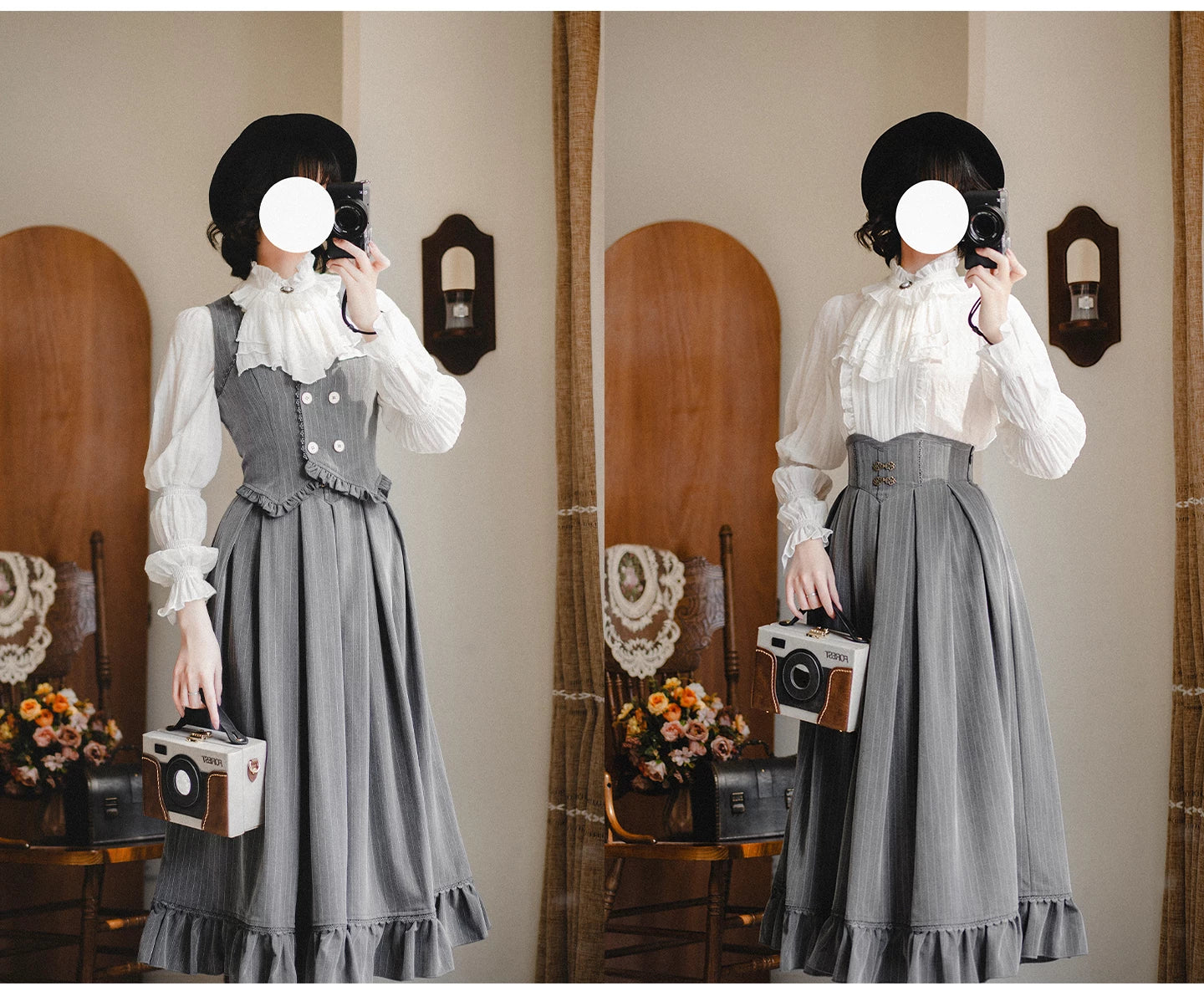 Misty Forest - White Classic Lolita Long Sleeve Blouse, Detachable Jabot