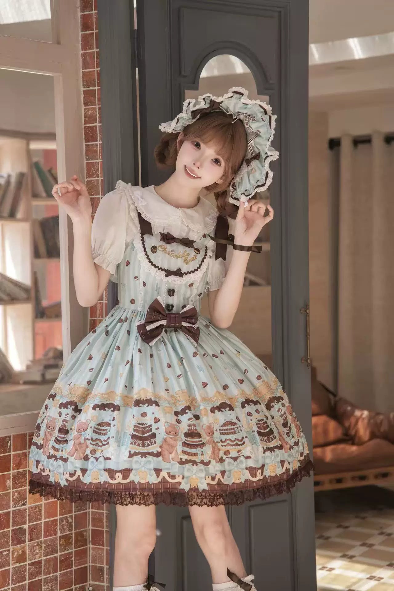 Cake Bear - Sweet Lolita Embroidered Collar Dress, Bear and Cake Print Mint Green - JSK Only S