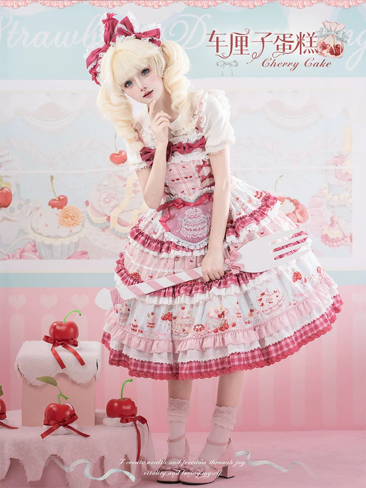Cherry Cake - Printed Sweet Lolita JSK Dress, Embroidered Apron 44904:827165
