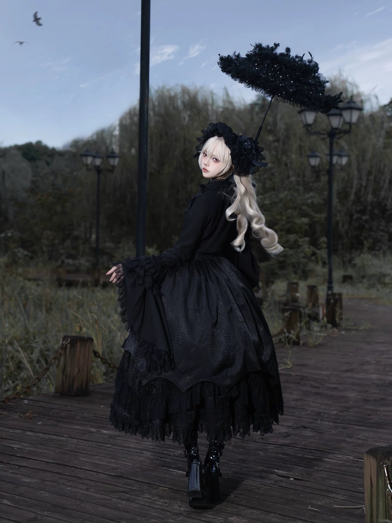 Broken Winged Bat - Gothic Lolita Shirt & SK Set, Bat-wing Shaped Hem 44706:824137