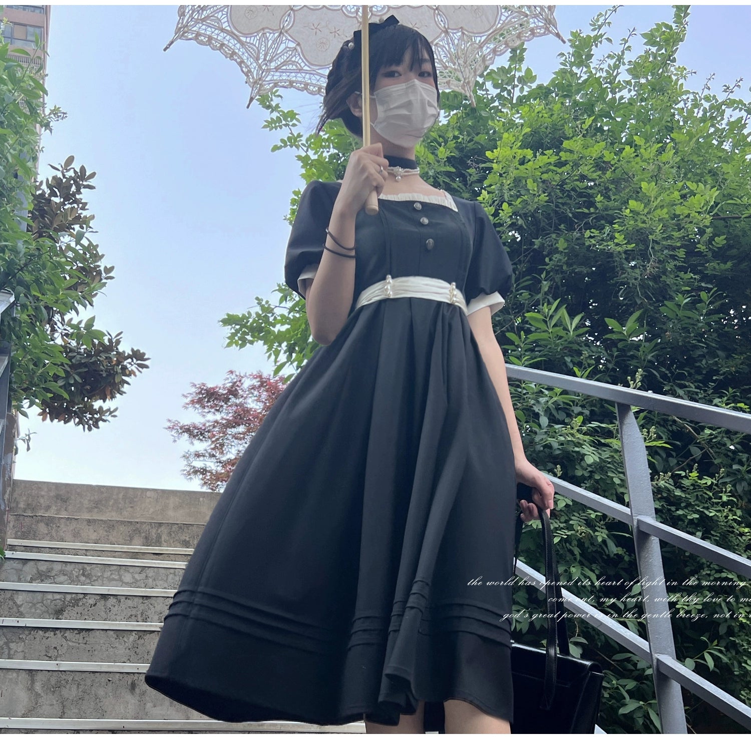 (BFM)HuTaoMuJK~Thoughts~Vintage Lolita OP Dress Square Neckline Black Lolita Dress 35832:504648