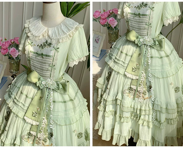 Green Grape - Embroidered Country Lolita OP Dress, Tiered JSK