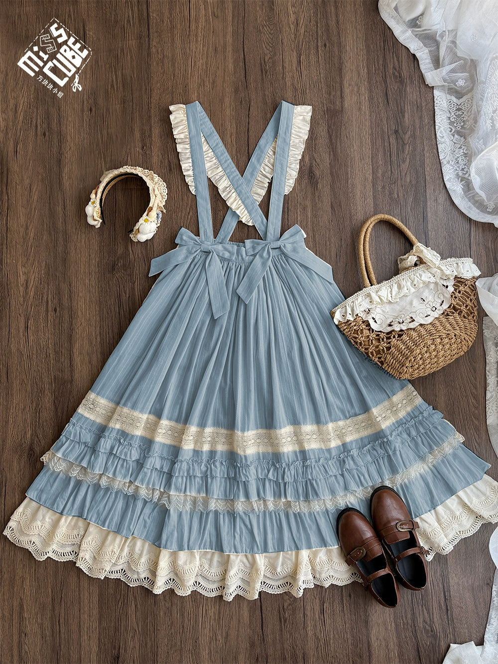 Miss Cube - Cool Sheep Whisper - Kawaii Retro Lolita SK with Detachable Suspenders Blue - suspenders SK only XS