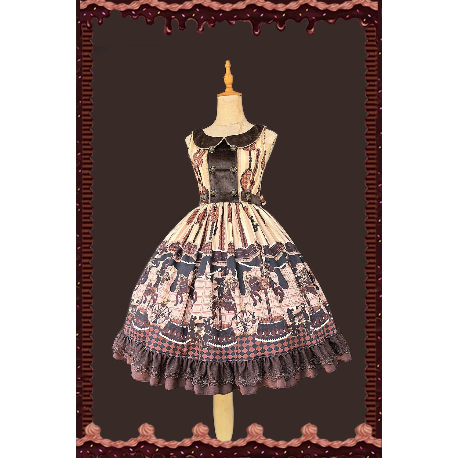 Chocolate Carousel - Peter Pan Collar Old School Lolita JSK Dress, Carousel Print Khaki JSK Only S