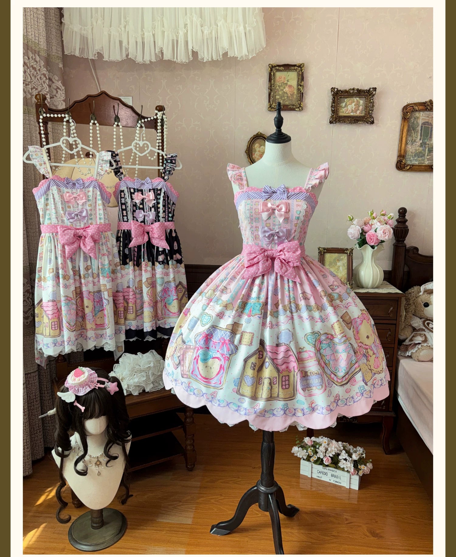 Sugar Frost Cookie - Old School Lolita Bear Dessert Printed JSK Dress 45661:857384