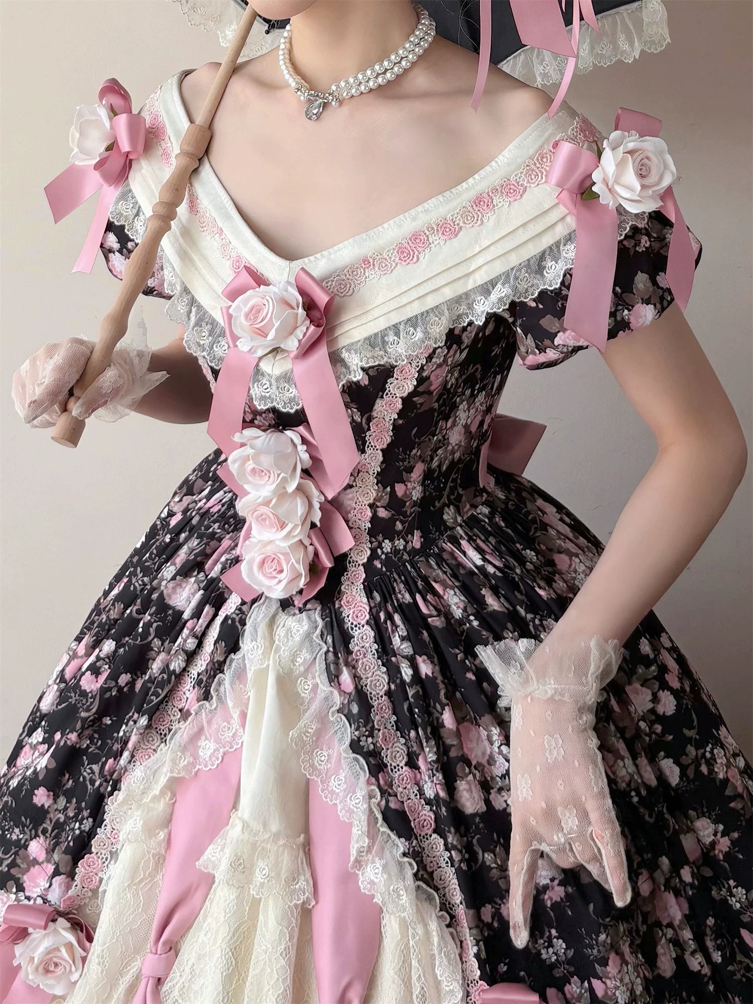Dolota Flower Wall - Classic Lolita Floral OP Dress, Open Shoulder 44485:811155
