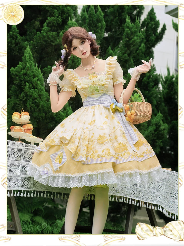 Lemon Drop - Classic Lolita Lemon & Bear Printed OP Dress 45501:851118