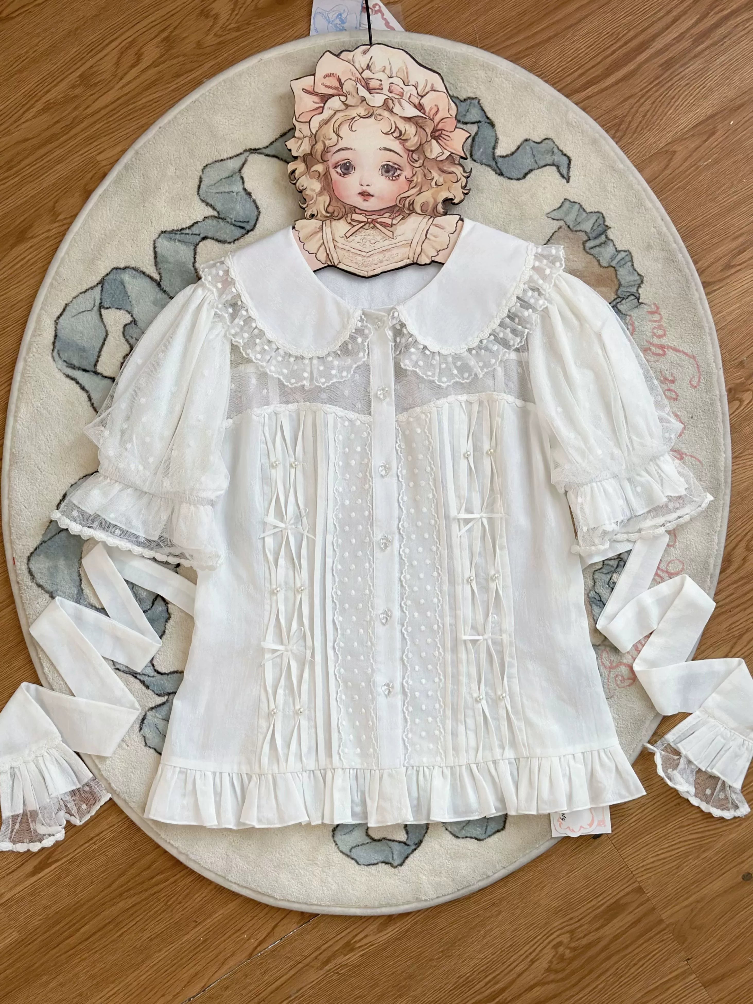 Magic Tea Party - Little Heart - Cotton Lolita Shirt Versatile Puffy Sleeve Blouse S White