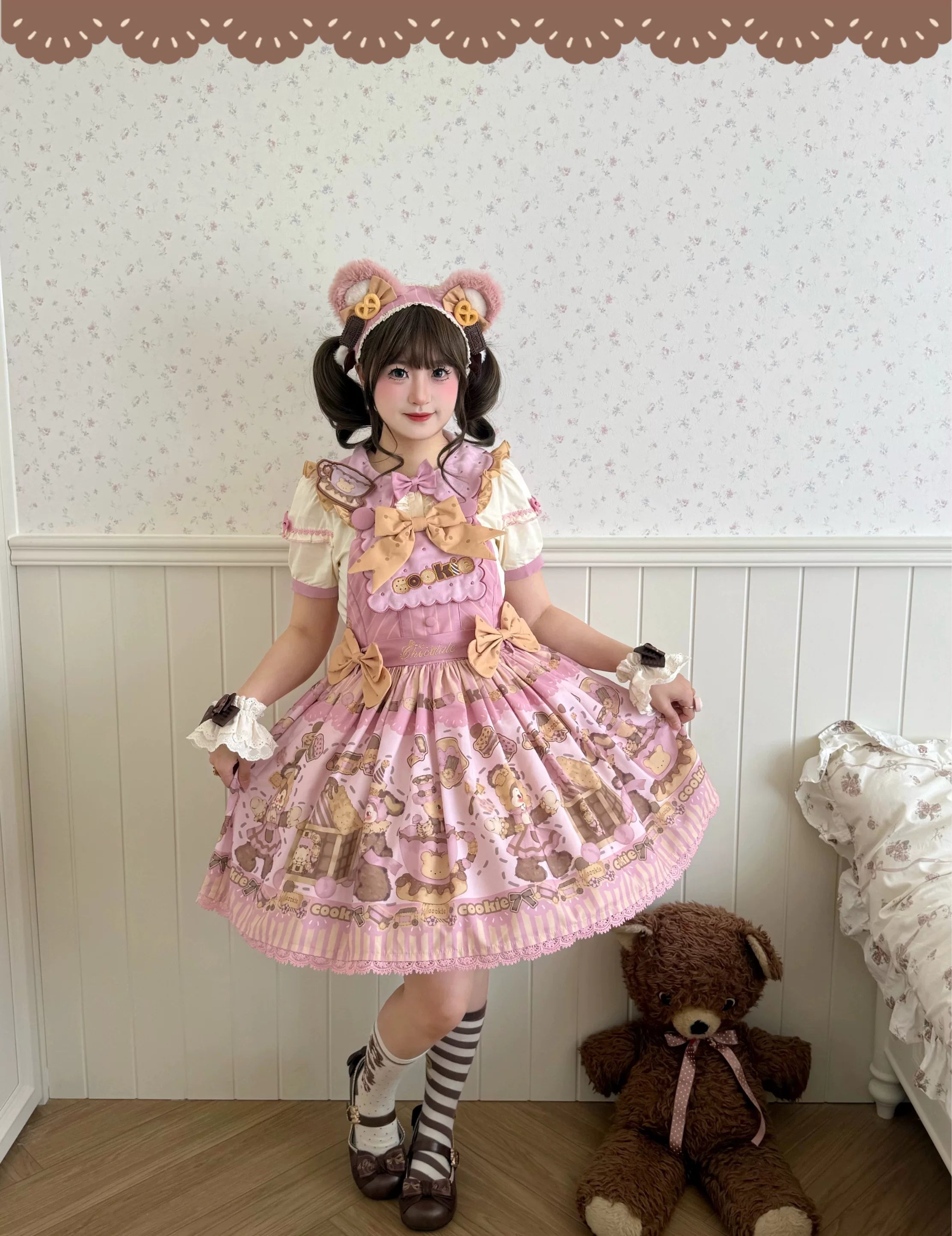 Bear Biscuit SP - Kawaii Lolita Bear Printed Dress Set with Bows Pink S Salopette Only