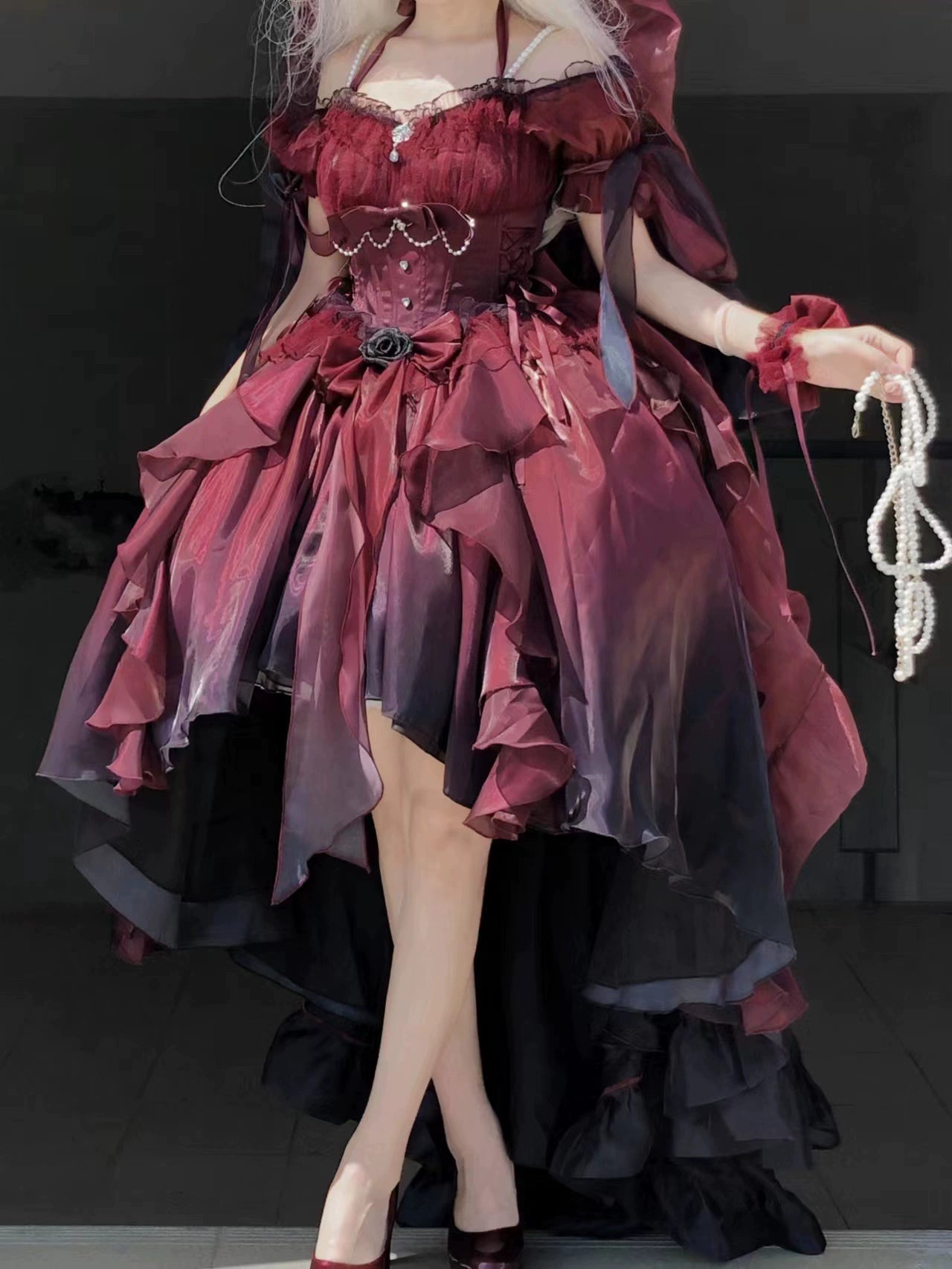 Meowing and fruity - Elegant Lolita Gradient Dark Blue Prom Dress Set black-red front short back long (dress only) S