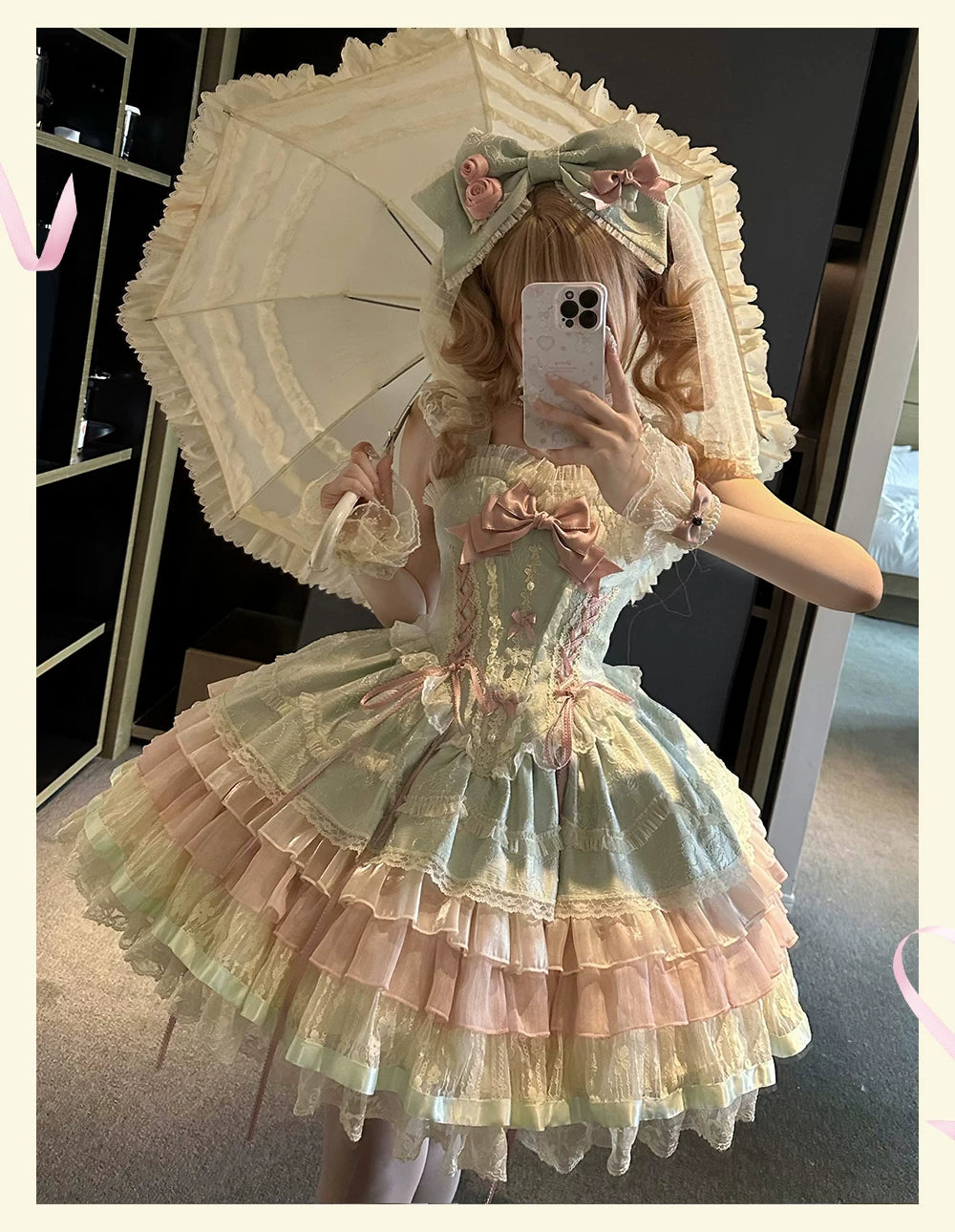 Lotus Crossing - Sweet Lolita Tiered Hem JSK Dress with Satin Bow 45302:844780
