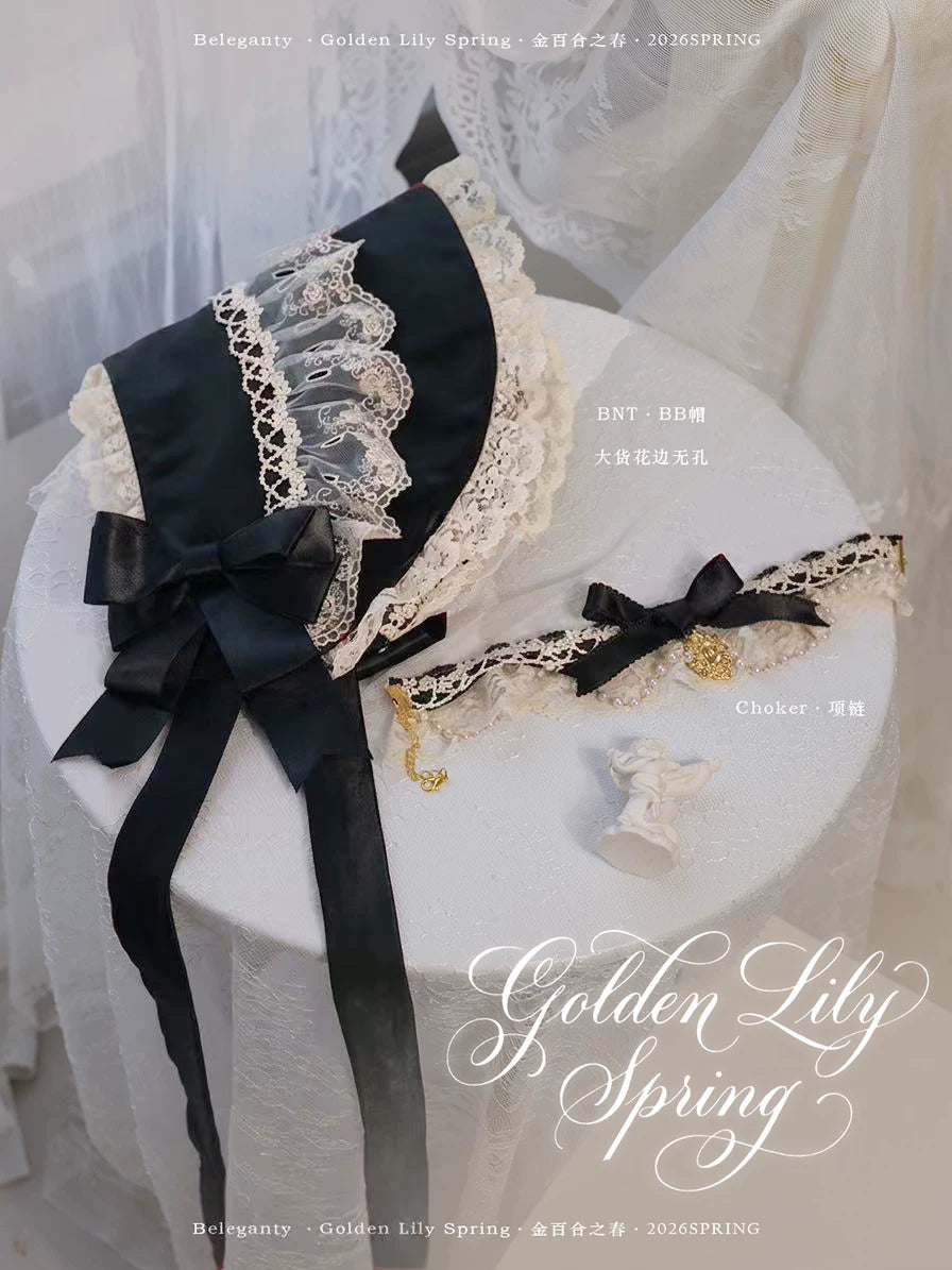 Spring of Golden Lily - Satin Classic Lolita Lily Print Dress, Front Opening 45507:852409