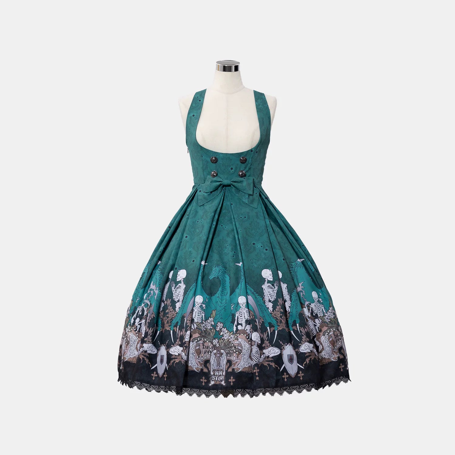 Dragon Bone Lily - Vintage Gothic Lolita Dragon & Skeleton Print JSK Dress (L M S XL) 45283:844501