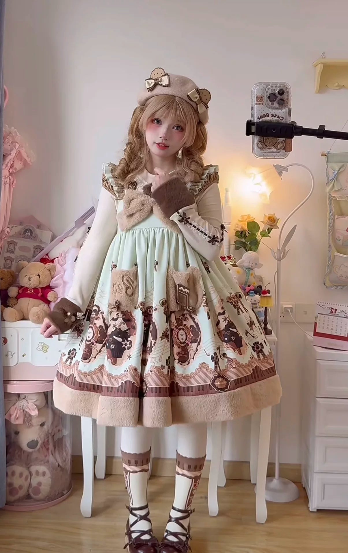 Cream Bear - Print Kawaii Lolita Fake Two-Piece OP, A-lined JSK Dress 44502:811649