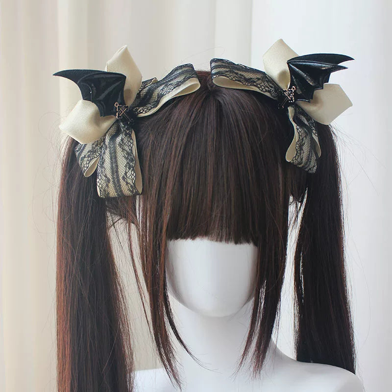 Gothic Lolita Hair Clips, Cross & Devil Wings Gold