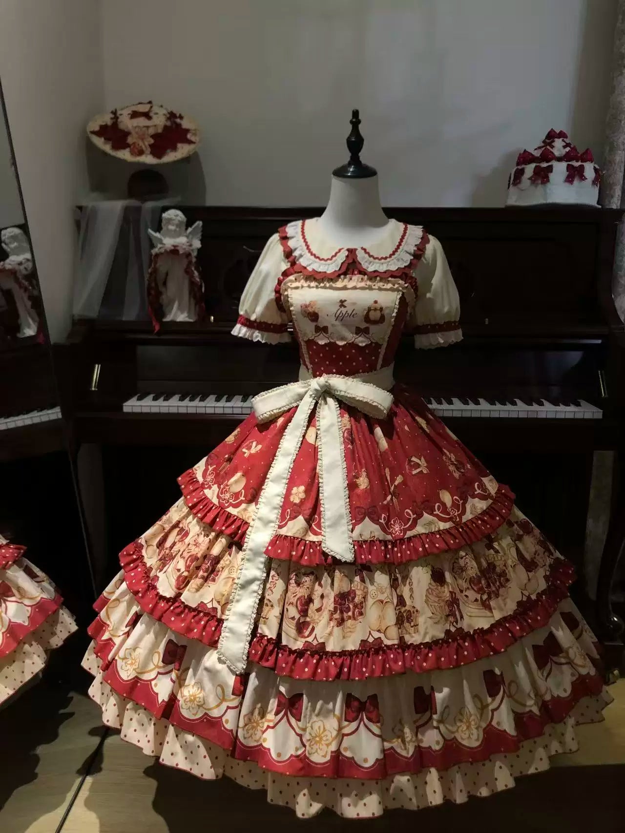 A Red Apple - Sweet Lolita JSK Dress, Tiered Hem Apron S - Short Sleeve Shirt Only