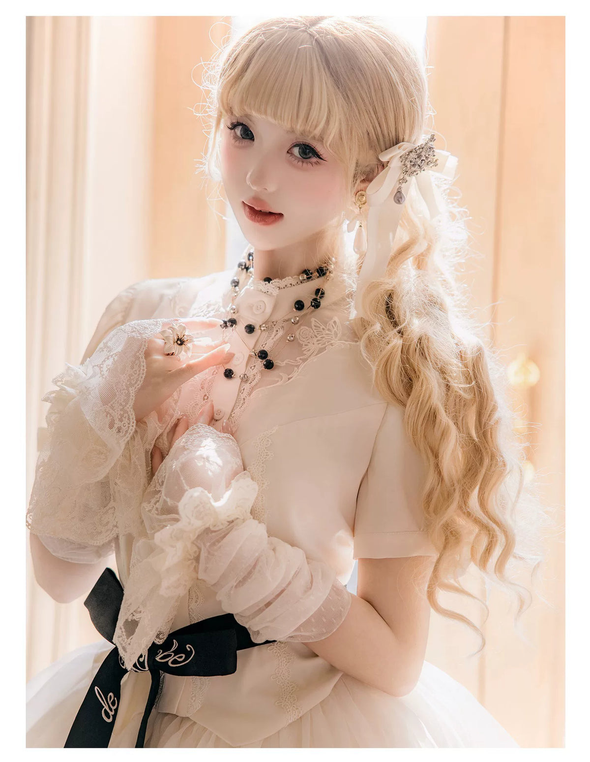 Glass Floral Garden - Classic Lolita Blouse and SK Set, Butterfly Embroidered 45978:870286