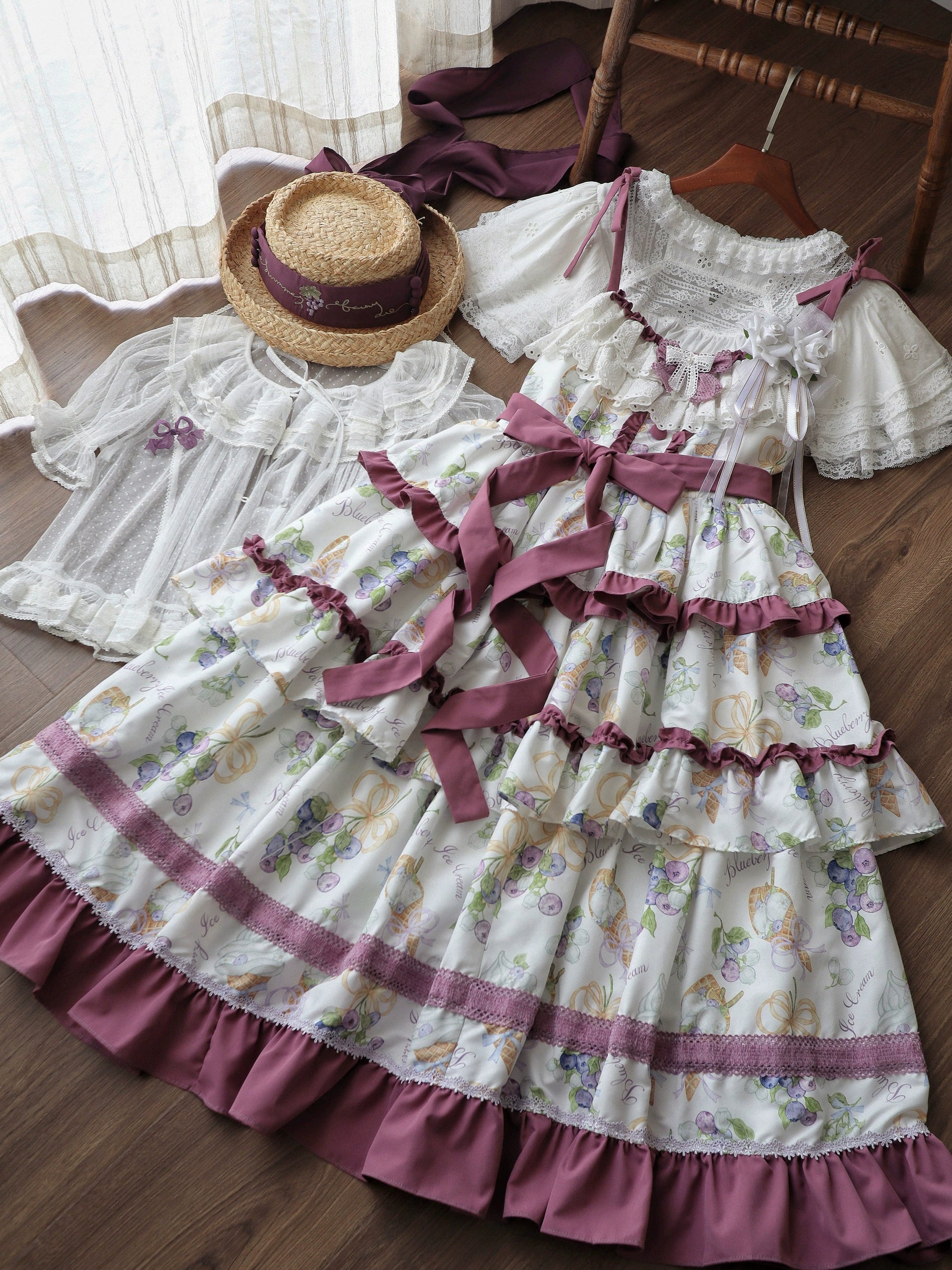 Qianmu - Blueberry Midsummer - Country Lolita Tiered JSK, Blueberry Print 44322:805561