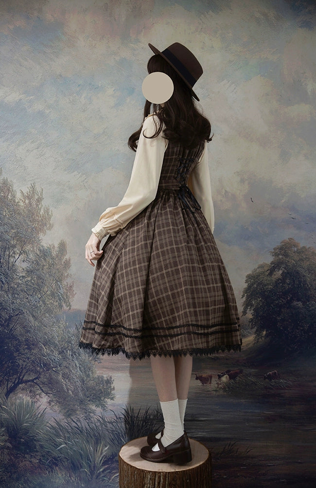 Forest Song - Grena's Poems V-Neck Plaid Jumper Dress