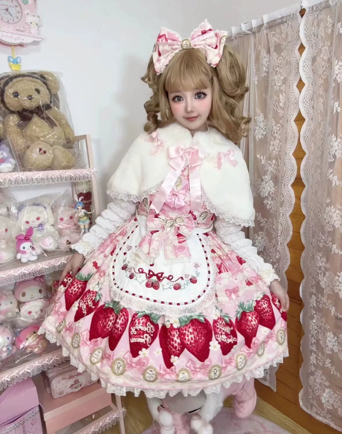 The Seventh Doll - Old School Lolita Cape Bunny Plush Short Coat M White without a hood